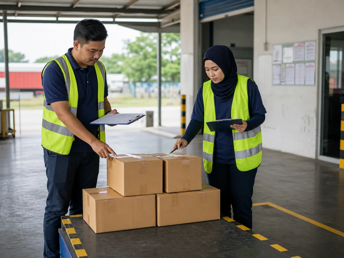 Dua kakitangan kargo Malaysia menyelaraskan kiraan bungkusan ketika serahan